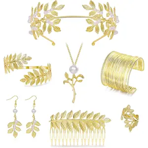 8 count Greek Goddess Costume Accessories Set For Women Greek Leaf Headband Golden Laurel Leaf Crown Arm Cuff Bridal Hair Comb  Dangle Earring Necklace for Wedding Halloween