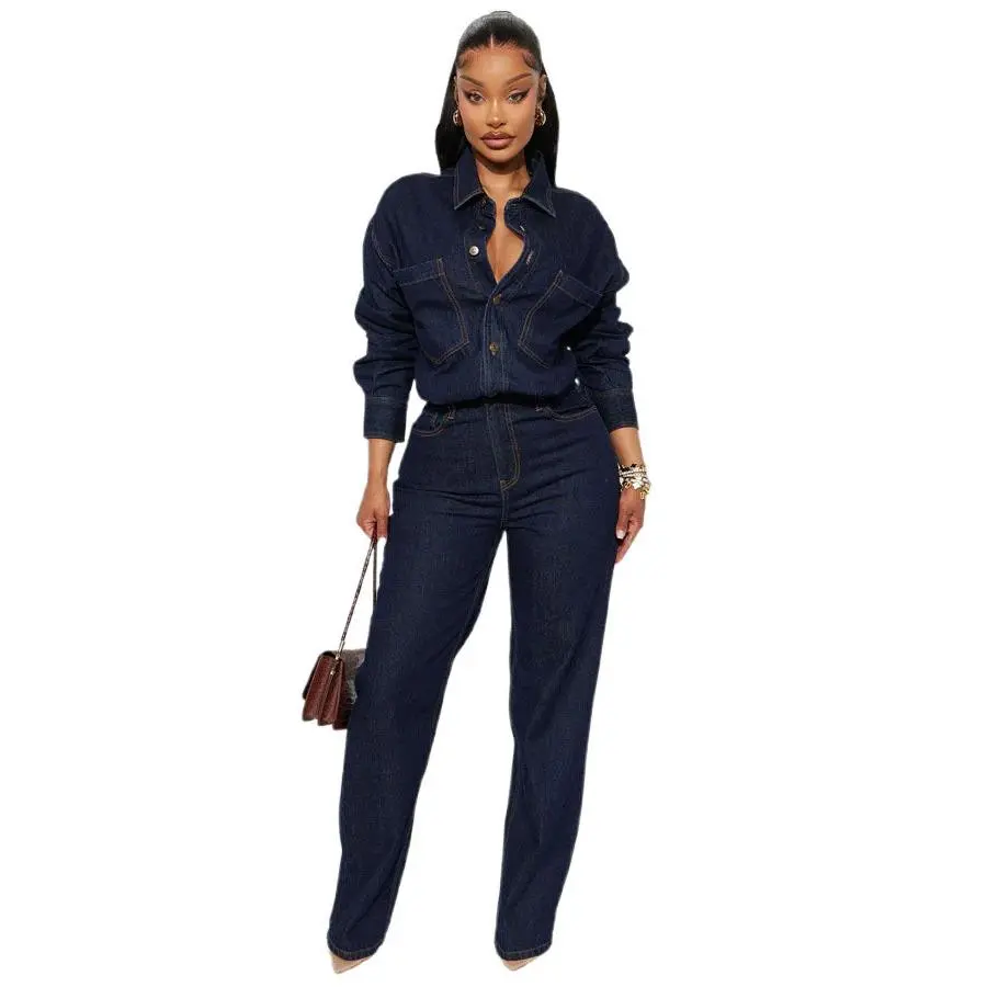 Women's Fashion Denim Long-Sleeve Jumpsuit Sexy Harem Pants Overalls with Hip-Flattering Fit and Pocket, Full-Length Long-Sleeve Design for Ladies