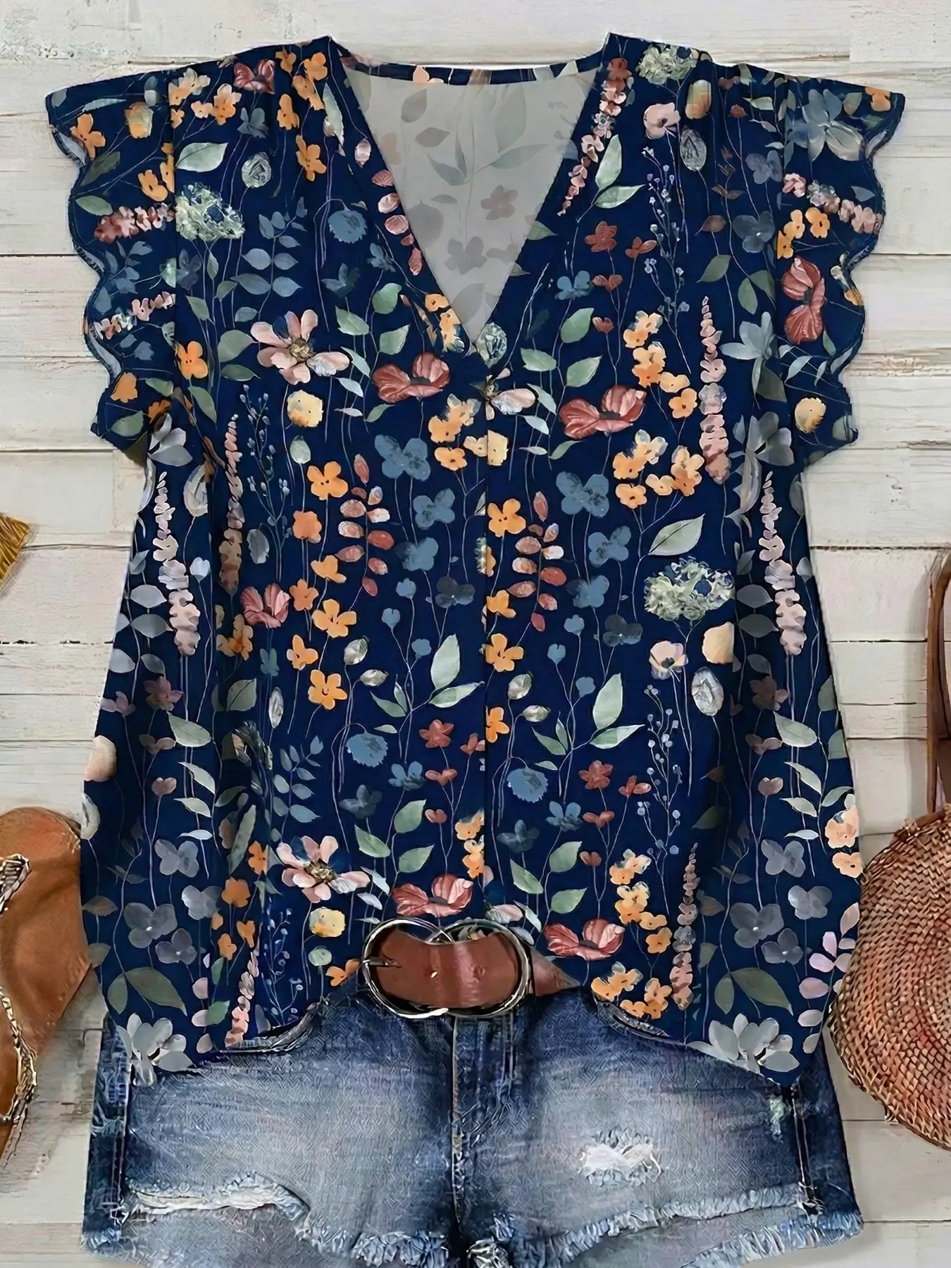 Women's Fashion Blouse Shirt Tops, Spring Summer Fresh Cool Floral Design Ruffles Casual, Short Sleeves Loose-Fitting All over Print, Polyester Fiber, Cross-Border Clothing