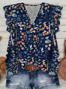 Women's Fashion Blouse Shirt, Spring Summer Fresh Cool Floral Design Ruffles, Loose-Fitting All over Print, Polyester Fiber, Cross-Border Clothing