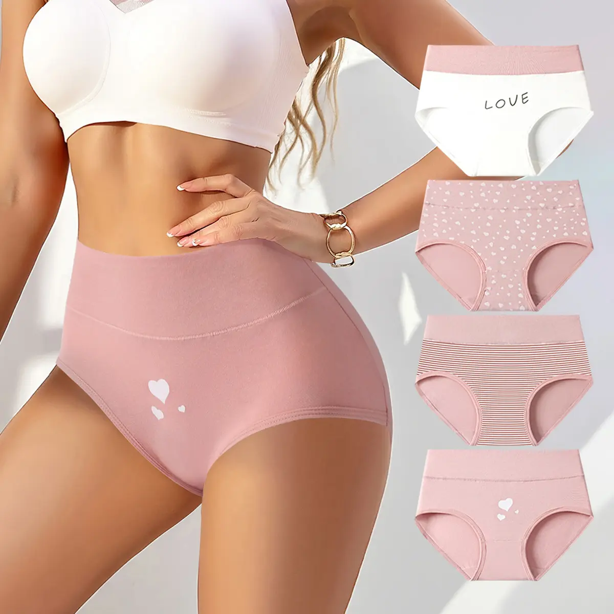 Hotcom Women's High-Waisted Panty-Style Briefs - Casual Elegant Cotton Underpants, Blush Pink Love Heart Design, Plus Size, High-Elastic Breathable Fabric, 4-Pack Mixed Color, Everyday All-Season Comfort