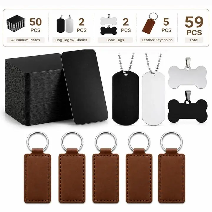 59PCS Laser Engraving Material Kit – Leather, Metal & Stainless Steel Supplies for Laser Cutter Engraver, Father’s Day Gift