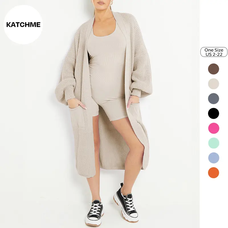 KatchMe Longline Balloon Sleeve Cardigan (Fits US 2-22),Trendy Knitwear,Plain Open-Front Side Pockets Cardigan,Clothes Length 43.5" Womenswear Tops fitted striped
