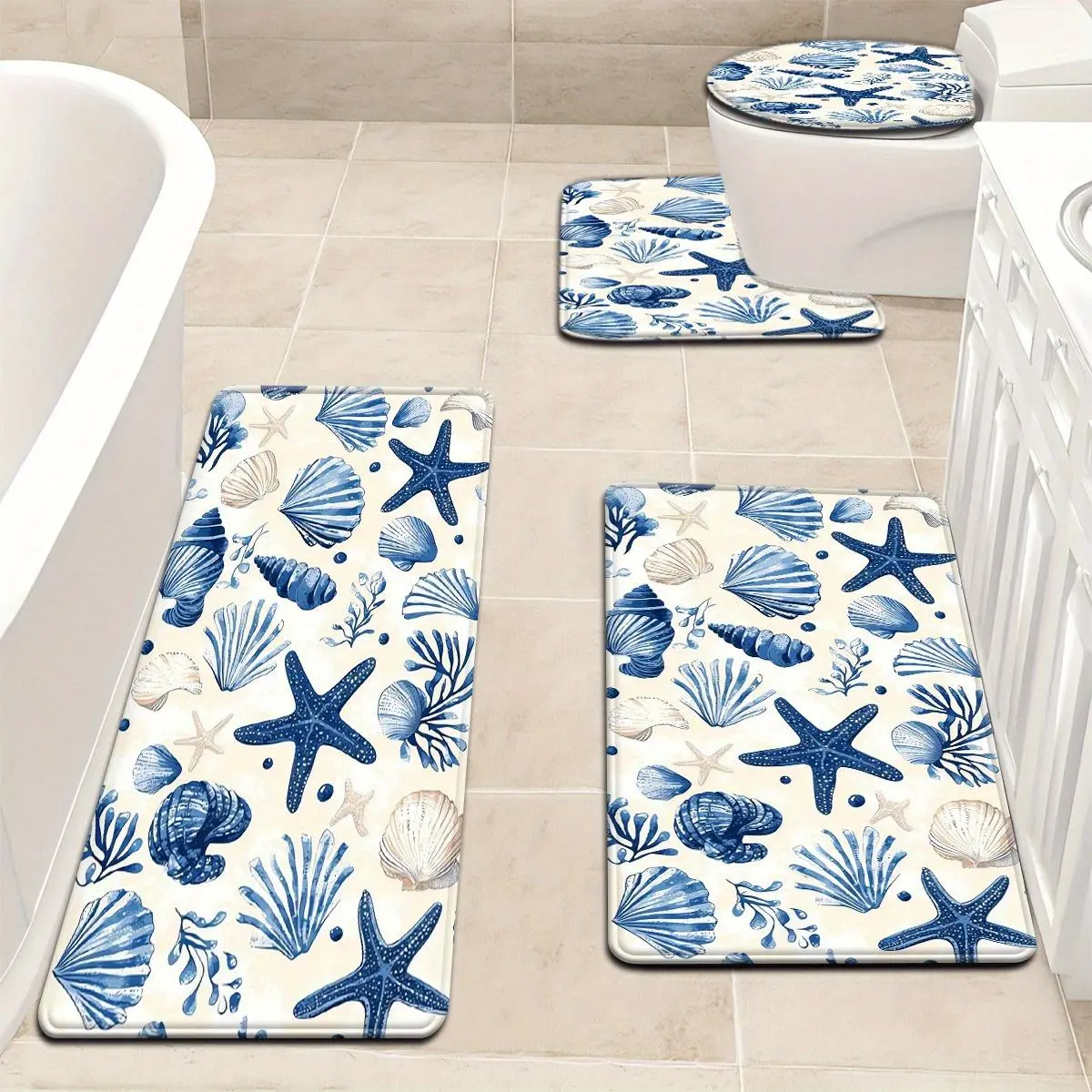 3pcs/4pcs Flannel Summer Ocean Style Blue Starfish Shell Conch Pattern Bathroom Mat Set, Including Toilet Lid Cover, U-Shaped Footmat & Shower Rug for Bathroom Decoration