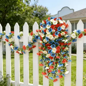 Tricolor combination patriotic artificial hanging flowers, Artificial fake flowers, patriotic flower wreaths, July 4th decorations artificial flowers and plants, morning glory imitation artificial plants, for home garden yards, cour