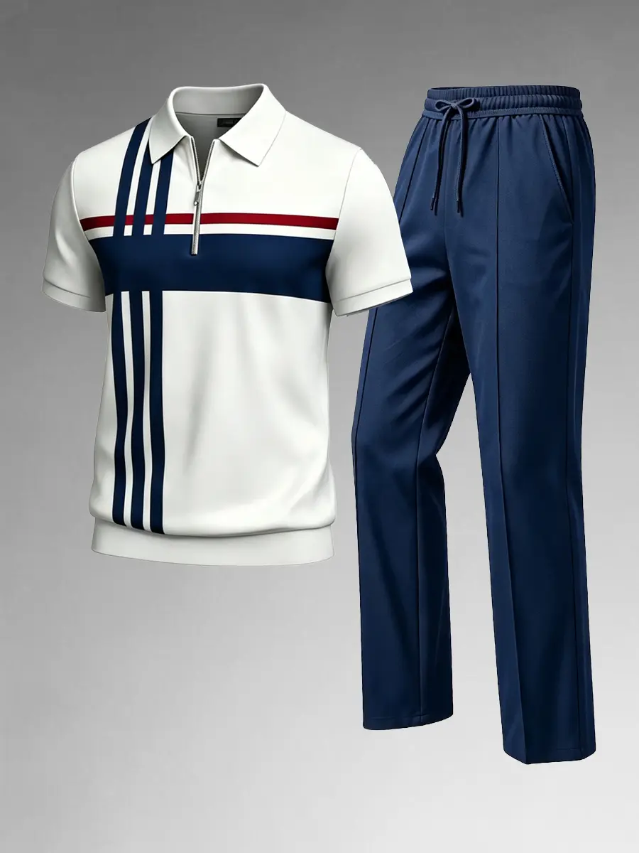 Men's Casual 2-Piece Tracksuit Set with a Stylish Short Sleeve Quarter-Zip Top and Matching Long Pants for Daily Wear & Light Outdoor Use, Menswear, Clothes, Hiking / Light Outdoor Casual Sportswear Outfit Short Sleeves Set