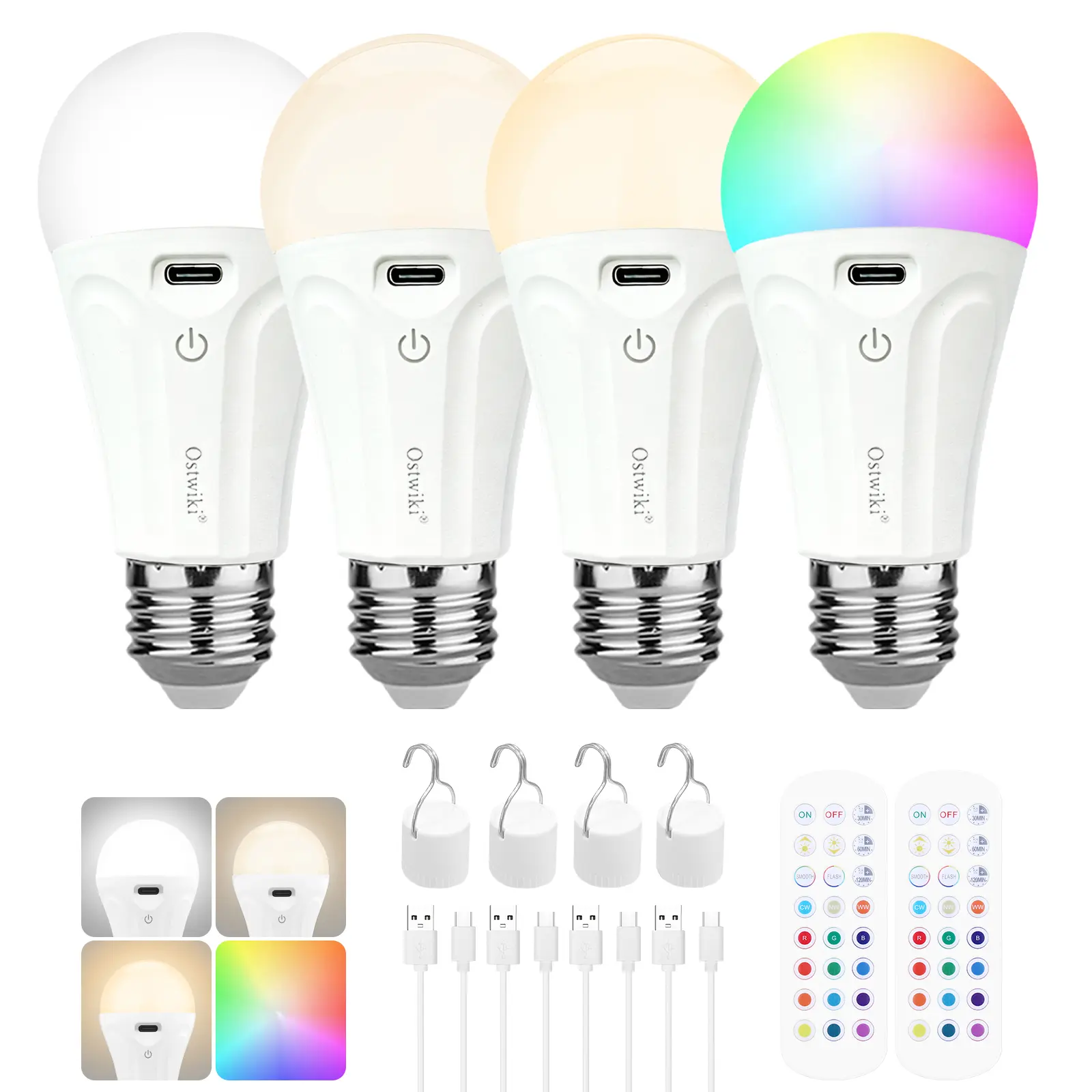 Rechargeable LED light bulb with remote control, RGB color changing, dimmable, battery-operated, A19 E26 wireless emergency bulb for power outages, camping, and hurricanes, suitable for lamps and sconces, with timer, emergency light bulbs,rgb bulb