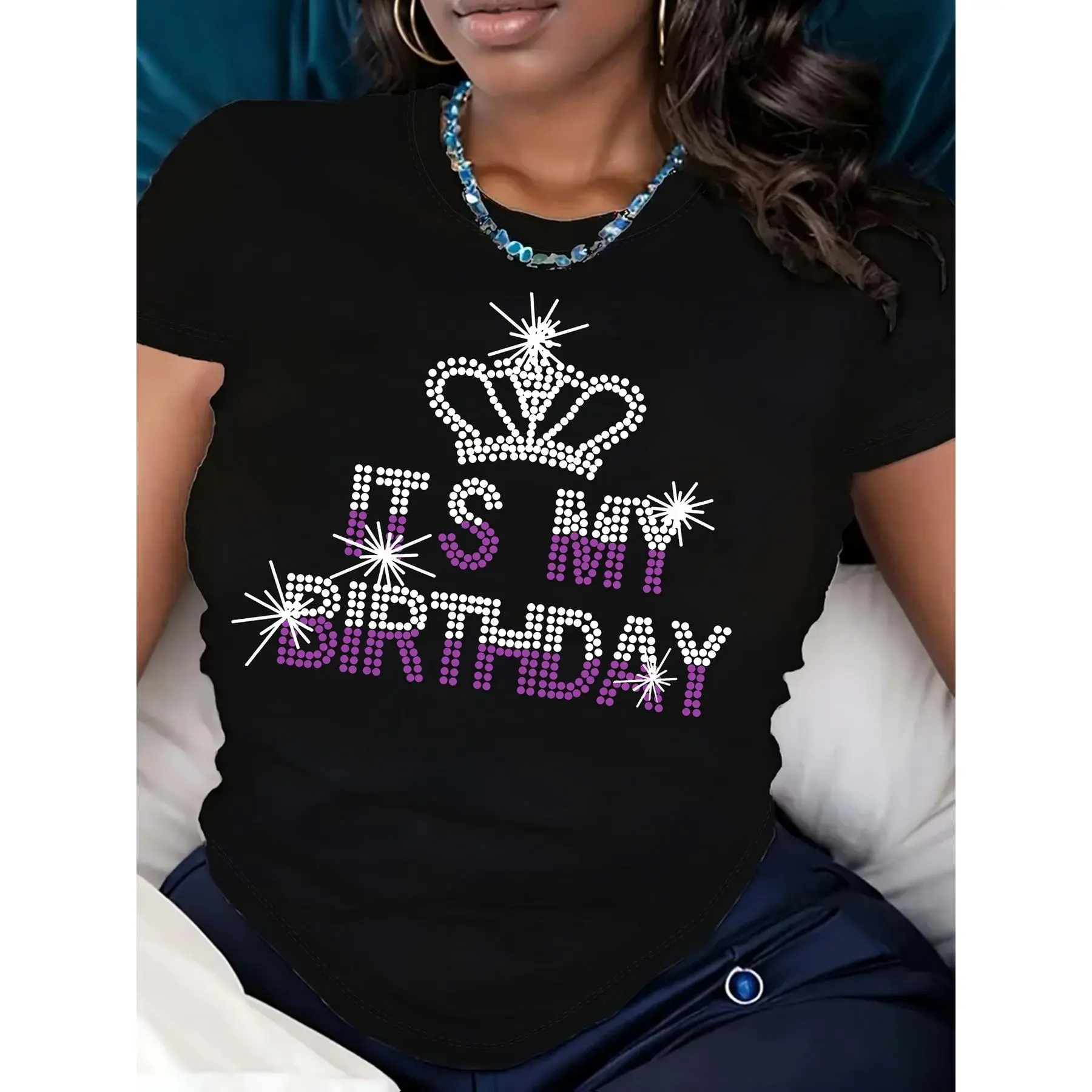 Women's Loose "It's My Birthday" Graphic T-Shirt - 100% Cotton Casual Short-Sleeve Crewneck Top with Sparkling Rhinestones for Celebration Parties, Baggy, Tshirt, Digital Print, Crew Neck, Round Neck, Basic, Shortsleeve, Lady, Minimalist, Sparkle Stones,,