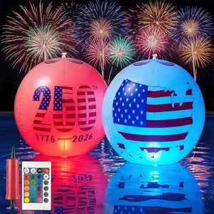Solar Floating Pool Lights 16", 2-Pack 250th 4th of July Decorations Outdoor, IP68 Waterproof Color Changing Light Up Inflatable Pool Balls for Patriotic Parties, Memorial Day, Summer Celebrations