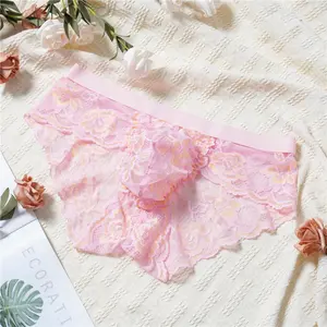 Men’s Pink Lace Underwear Floral Sheer Mesh Briefs Soft Lightweight Breathable Low Rise Panties