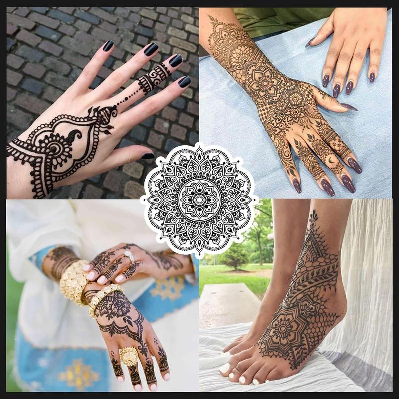 Temporary Tattoos Kit, 4Pcs Semi Permanent Tattoo Paste Cones, India Body DIY Art Painting for Women Men Teens,Summer Trend Freehand Plaste with 3 Colors,20Pcs Adhesive Stencil,1Pc Bottle,4Pcs Nozzles
