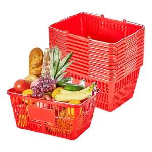 VEVOR 12-PC Smooth Stackable PE Plastic Shopping Baskets Set, 21L Dense Mesh Organiser Baskets, 20 lbs Capacity, Metal Handles, Portable for Retail Stores, Home Use, Red