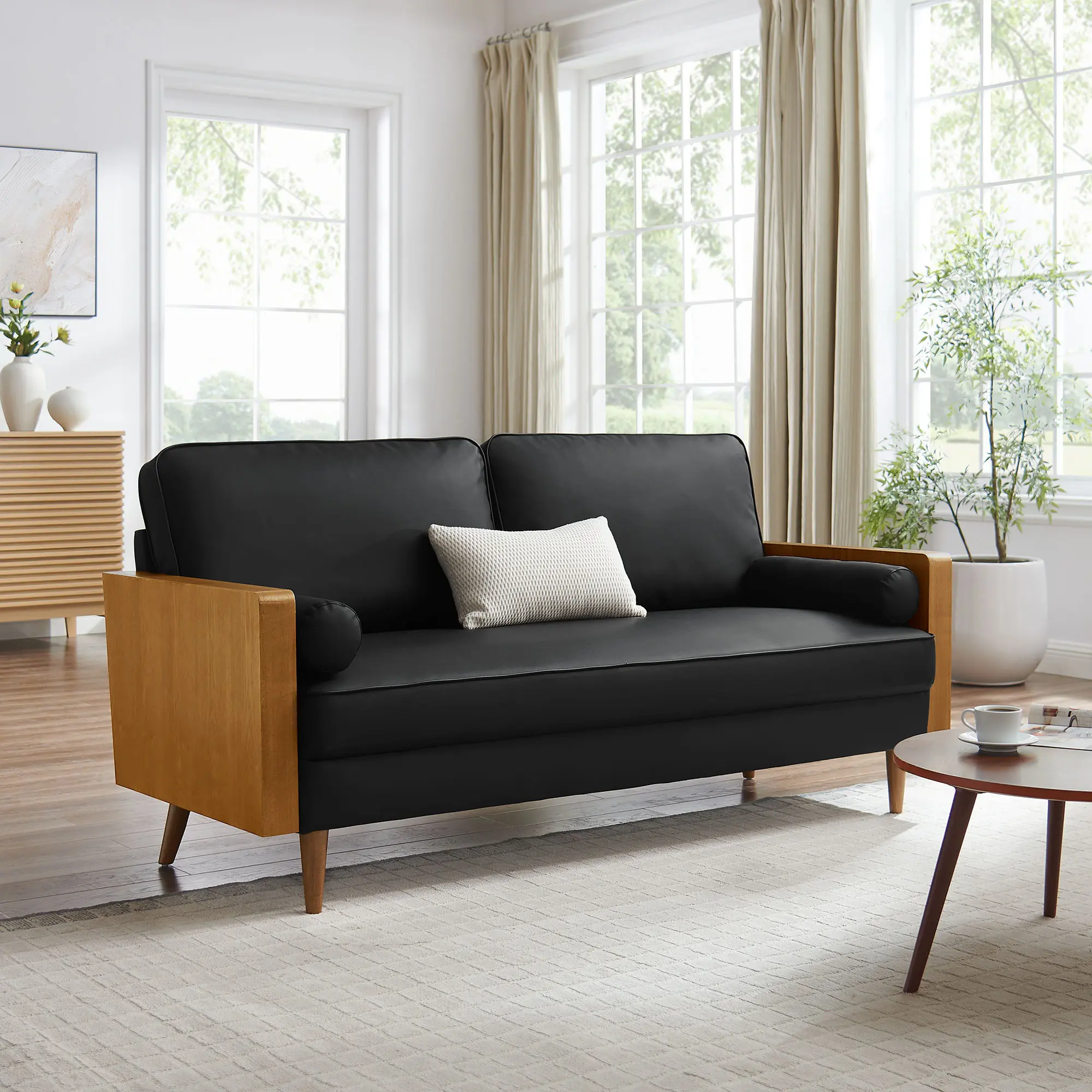 Kellan Faux Leather Sofa - 3-Seat Walnut Black Wood Grain Mid-Century Modern Living Room Sofa, 72 in Modern Comfy Couch with High-Density Foam, Non-Marking Floor Glides, 893 lbs Capacity, Assembly Required Indoor Office Furniture