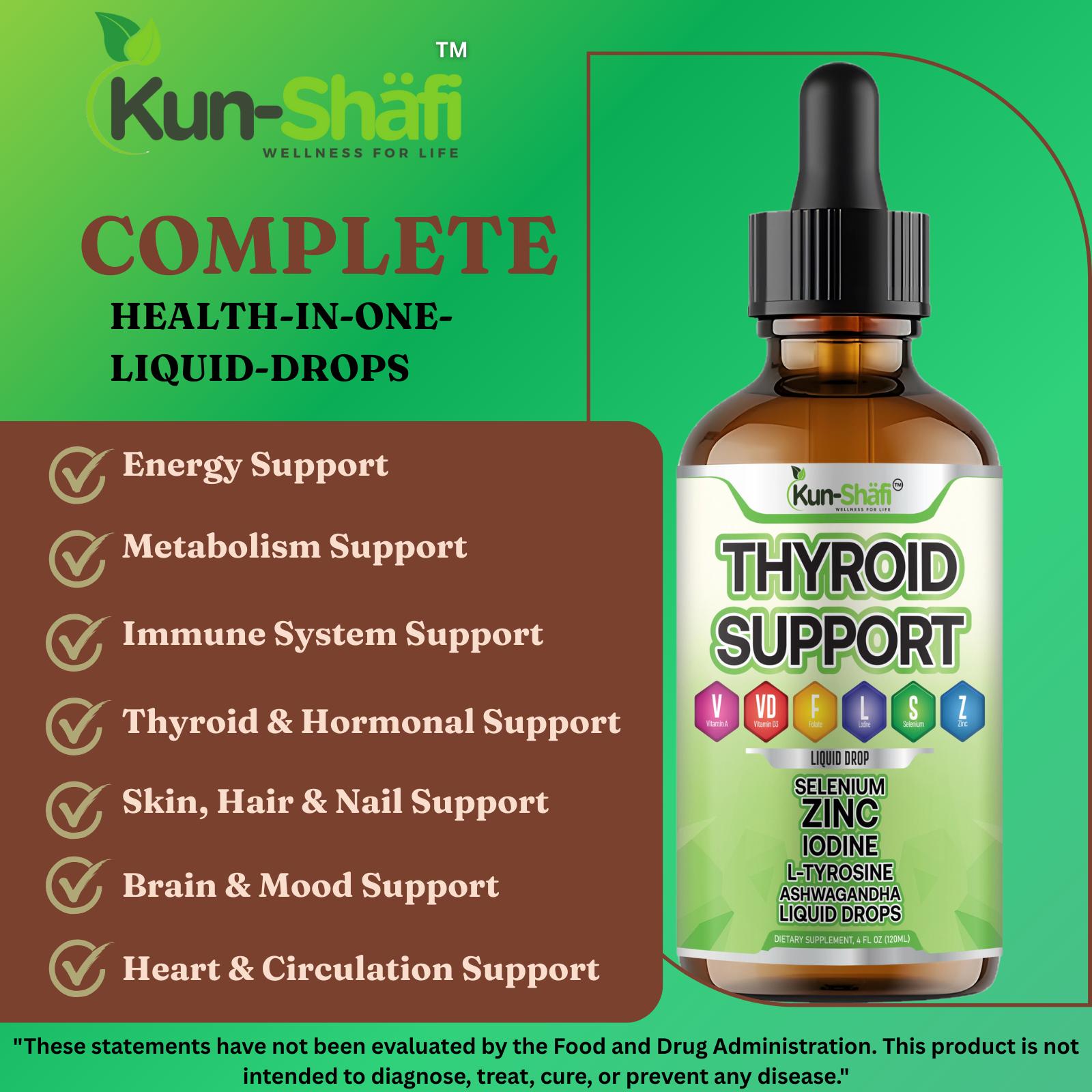 Thyroid Support Liquid Drops with Iodine, Selenium, Zinc & L-Tyrosine | Vitamin A, D3 & Folate | Daily Wellness Formula (4 Fl Oz)