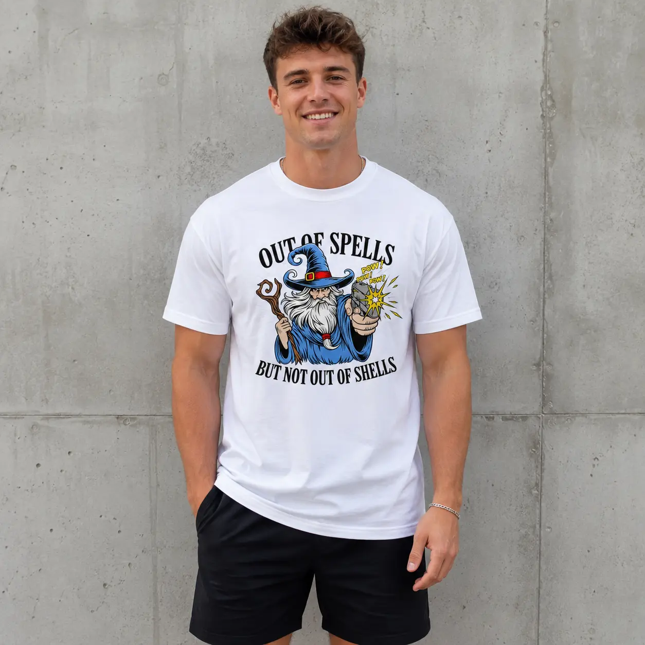 Men's Out of Spells Graphic T-Shirt, White Short Sleeve Crew Neck Tee, Funny Wizard Magic Parody Print, Comic Fantasy Humor Streetwear Top, Novelty Gift for Men
