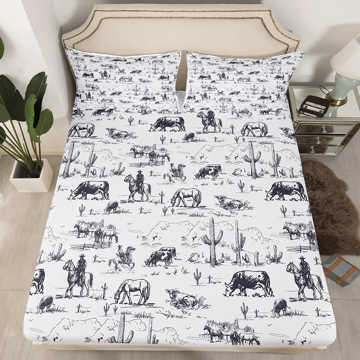 Feelyou Decorative Bedding Set - White & Black Cowboy Cow, Desert Cactus Prints, Flat Weave Durable Microfiber Bedsheets, Lightweight Quick-Drying, Deep Pockets for Multiple Sizes, Suitable for Any Room