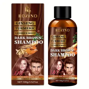 【Ten pack at a better price】ROZINO Dark Brown Shampoo with Ginseng Turmeric & Licorice Root for Cover Gray White Hair 100g Brown Color Shampoo Ideal for Brown Hair