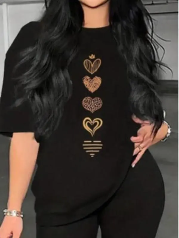 Women's Heart Pattern Gym Top, Casual Loose Fit CVC Cotton Crew Neck, Versatile Active Wear for Daily Streetwear