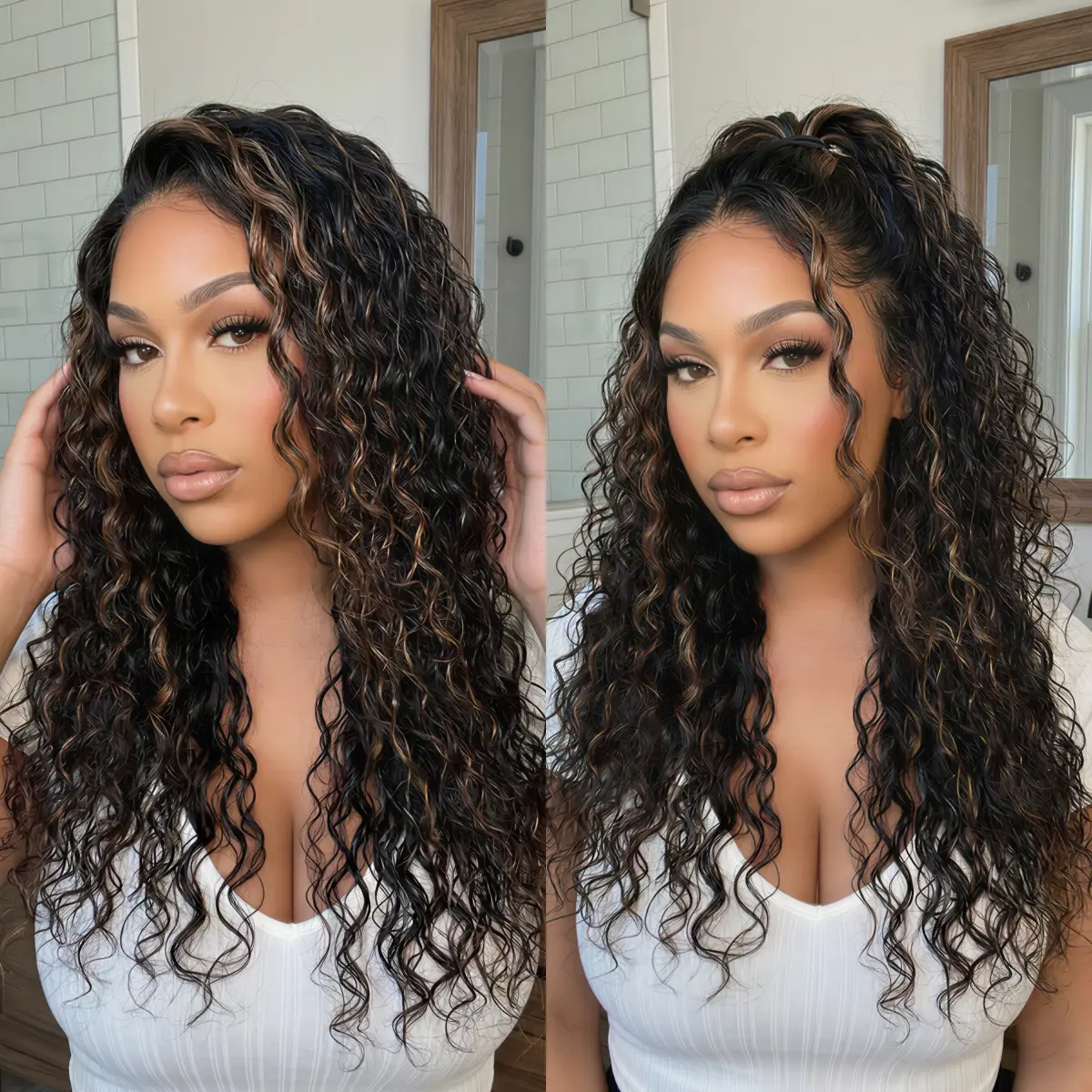 Unice Water Wave Wig Black with Golden Brown Highlights Bye Bye Knots Pre-cut 7x5 HD Lace Closure Human Hair Wigs Natural Scalp Ready to Wear Beginners Friendly