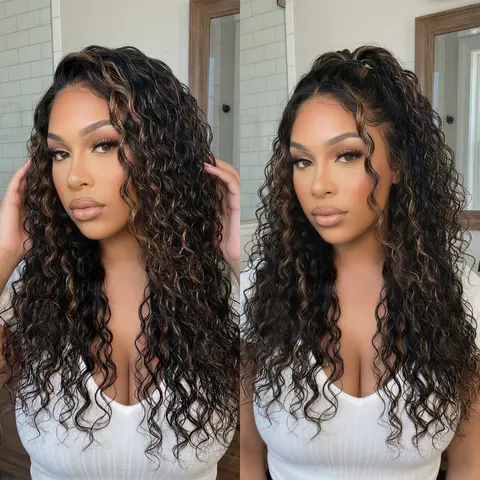 Unice Water Wave Wig Black with Golden Brown Highlights Bye Bye Knots Pre-cut 7x5 HD Lace Closure Human Hair Wigs Natural Scalp Ready to Wear Beginners Friendly