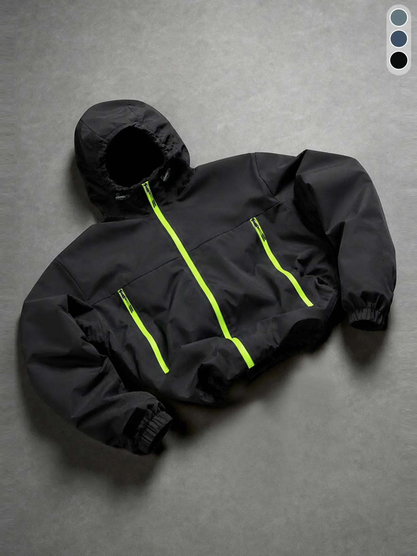 Men’s outdoor functional fluorescent green zip-up hooded jacket featuring a fluorescent zipper design in street style.