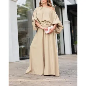 NewWomen's Skew Neck Lantern Sleeve Top & Wide Leg Pants Set