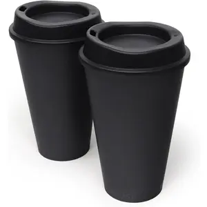 Made 16 oz  Coffee Cups with Lids 2 Pk, To Go Travel Cups, Hot or Cold Drinks, Dishwasher and Microwave Safe, Black