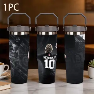 1pc 30oz portable insulated cup featuring Neymar's signature back gesture pattern. It has a large capacity, stainless steel design with leak-proof feature, and a classic black, white and gray color scheme. It is a sports and portable water cup.
