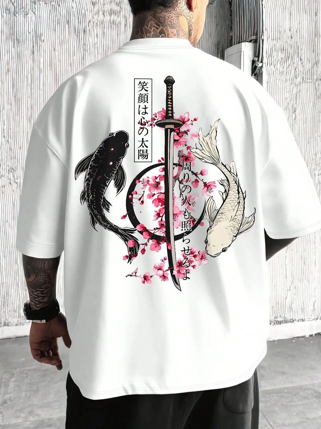 Men's printed Graphic T-shirt, Round Neck, Japanese street style, with yin-yang koi, cherry blossom and samurai sword patterns, casual loose fit, daily wear street fashion top, Casual Style Tee, Menswear Streetwear