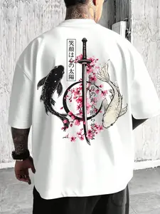 Men's printed T-shirt, Japanese street style, with yin-yang koi, cherry blossom and samurai sword patterns, casual loose fit, daily wear street fashion top, Streetwear