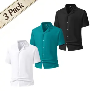 3-Pack Men's Cuban Collar Short Sleeve Shirts, Casual Button-Down Summer Beach Tops