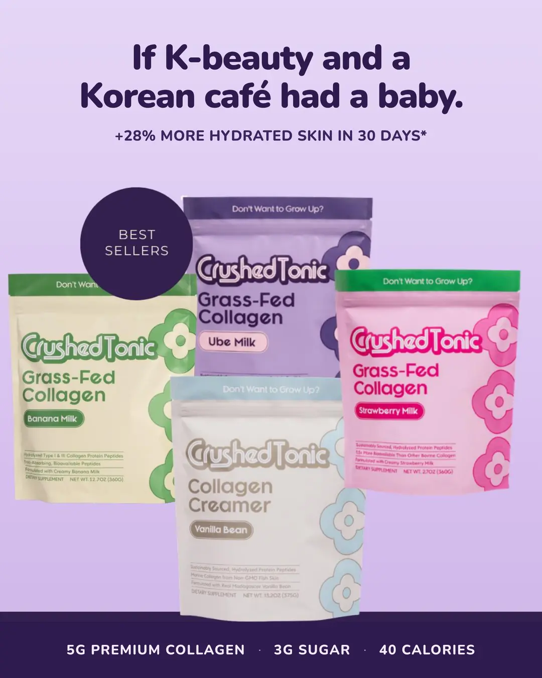 Crushed Tonic Collagen - Korean Collagen - KBeauty - Premium Hydrolyzed Marine Collagen - for Skin, Hair & Health - Gluten Free GMO Free Skin Care Hair & Nail Care - Beauty Protein Bovine Collagen - Banana Milk Ube Strawberry Milk Vanilla Bean Brothn