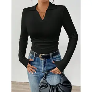 Women Polo Collar Side Ruched Casual Sports Home Comfortable T-Shirt, Autumn/Winter