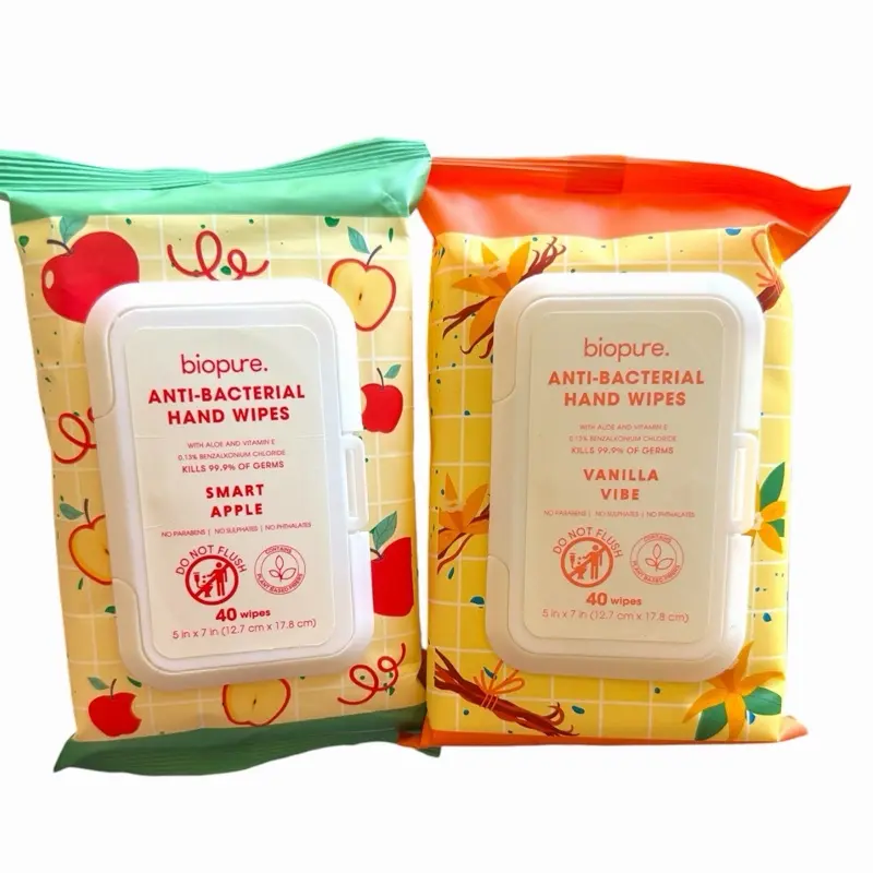 Antibacterial biopure hand wipes with aloe and vitamin E in smart apple and vanilla vibe set 40 ct each