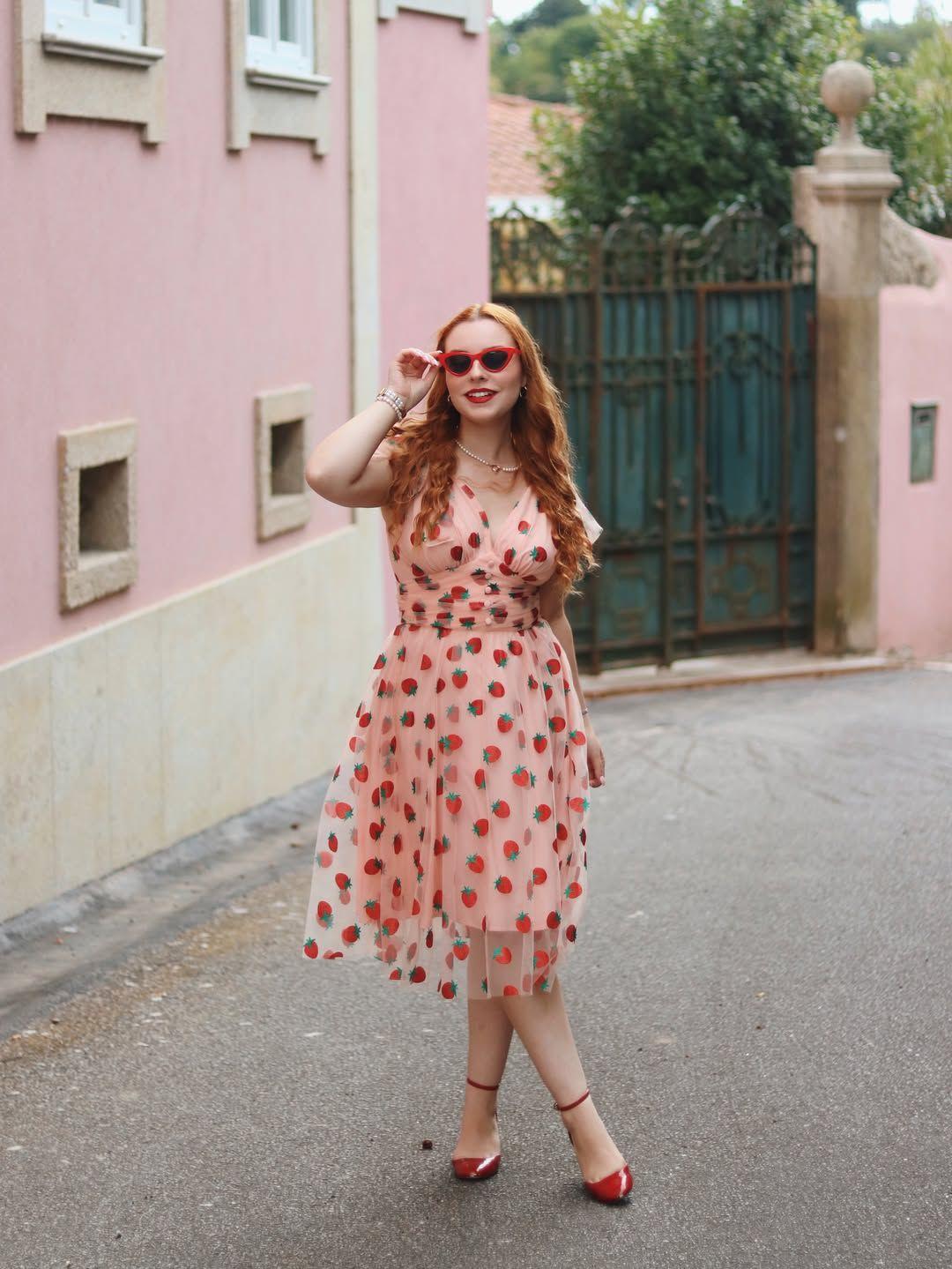 PINK 1950S STRAWBERRY MESH SWING DRESS Casual Elegant Classy Casual Breathable Outfits