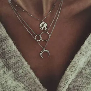 Boho Moon Phase Multilayer Necklace 🌙 Vintage Silver Celestial Map Pendant | Aesthetic Layered Chain Jewelry for Women | Trendy Gift 2026