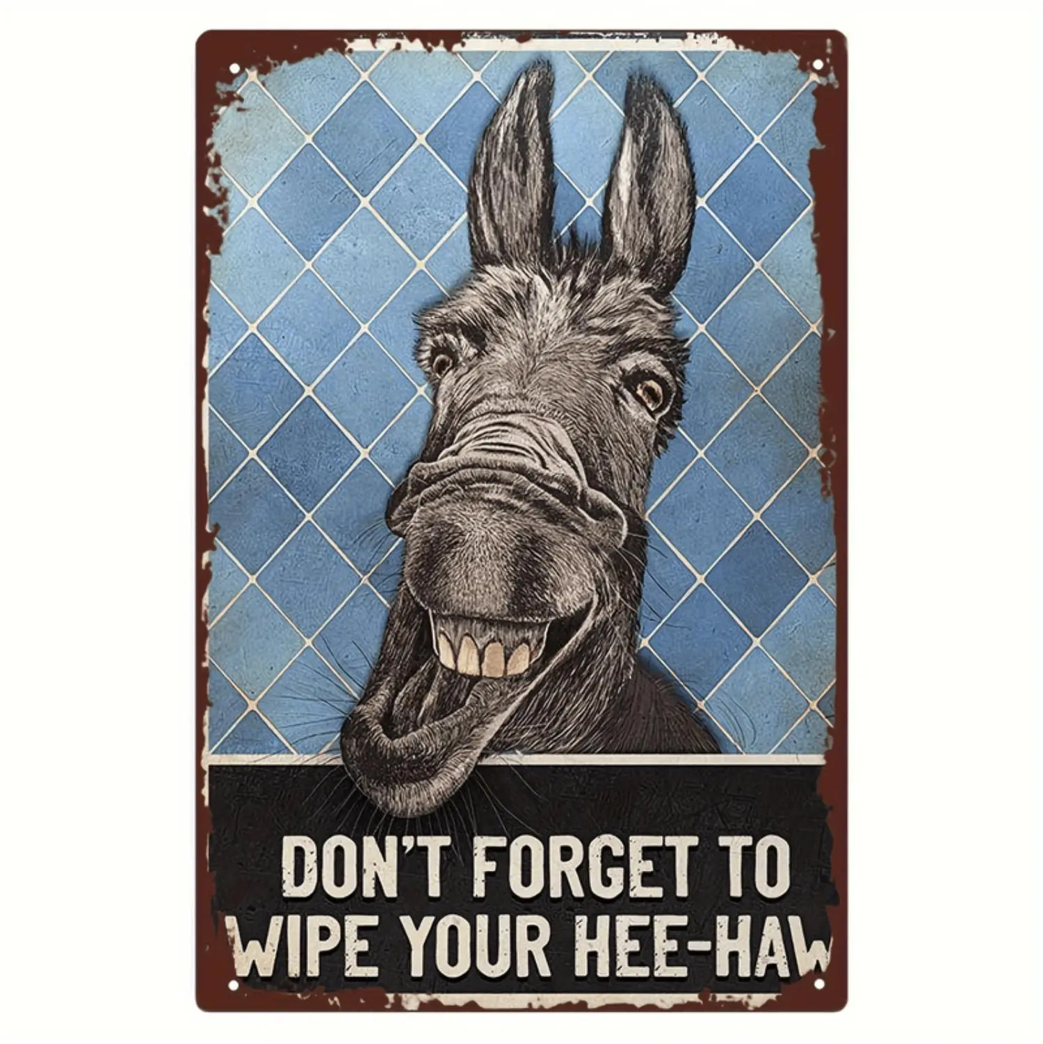 Funny Donkey Wipe Your Hee Haw Metal Wall Sign Rustic 8x12 Inch Distressed Iron Decor With Blue Diamond Pattern Vintage Bathroom Or Bedroom Humor