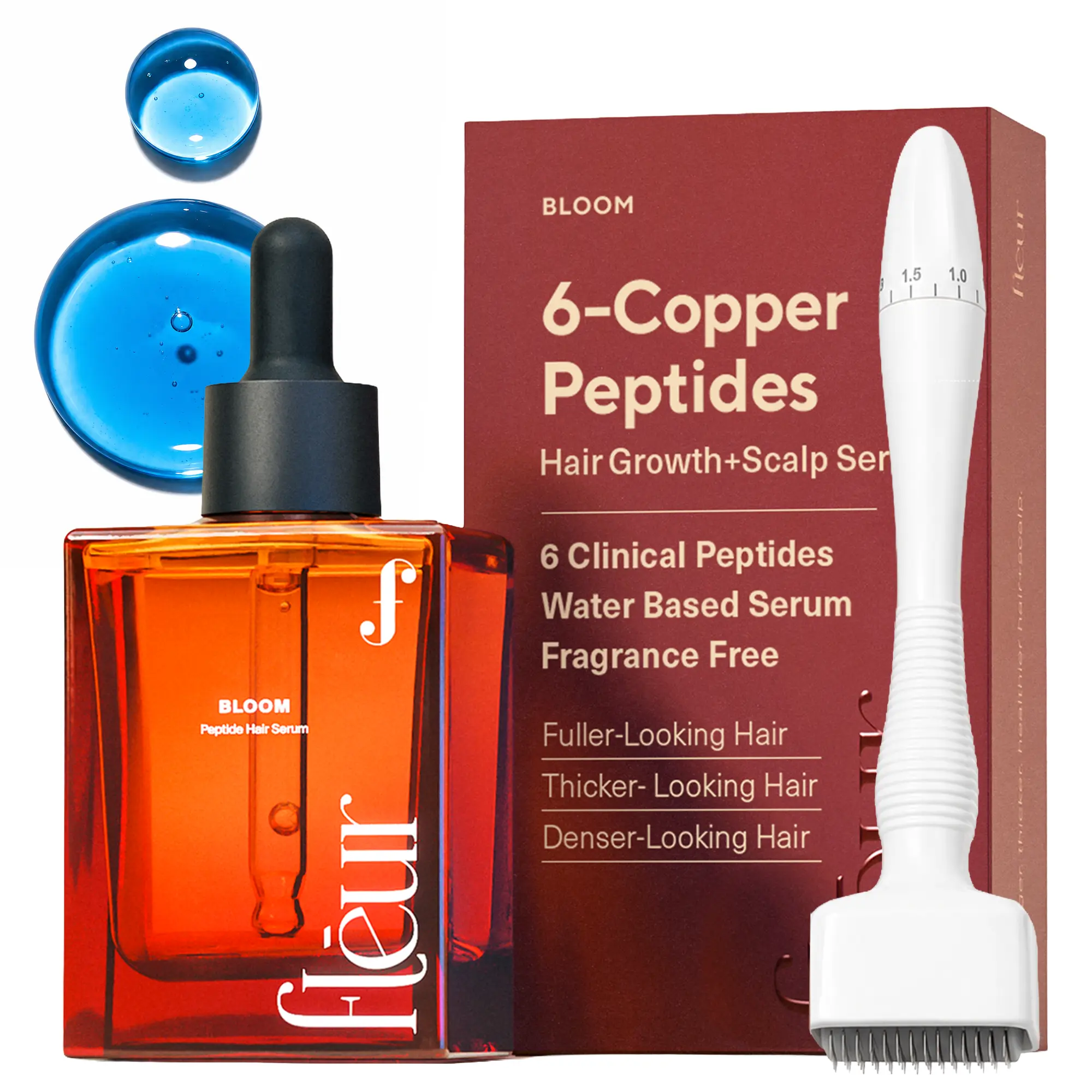 Fleur Bloom Peptide Hair + Scalp Serum with Derma Stamp, 1 Month Scalp Care Bundle