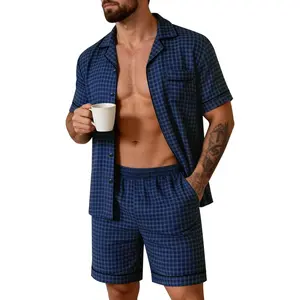 SWOMOG Men Pajama Set Short Sleeve Summer Pjs Button Down Sleepwear Soft Pajama Shorts 2 Piece Loungewear with Pockets