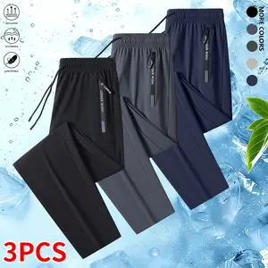Men’s 3-Piece Ice Silk Jogger Pants Set — Elastic waistband design, straight cut with pockets, solid-color outdoor casual athletic pants, versatile style, perfect for fitness enthusiasts