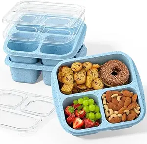 Snack Boxes (3 Pack) - Stackable Bento Boxes with 3 Compartments, Meal Prep Containers Reusable, Lightweight Lunch Containers for Kids and Adults, BPA Free (Blue) Lid Lunch Boxes Tableware