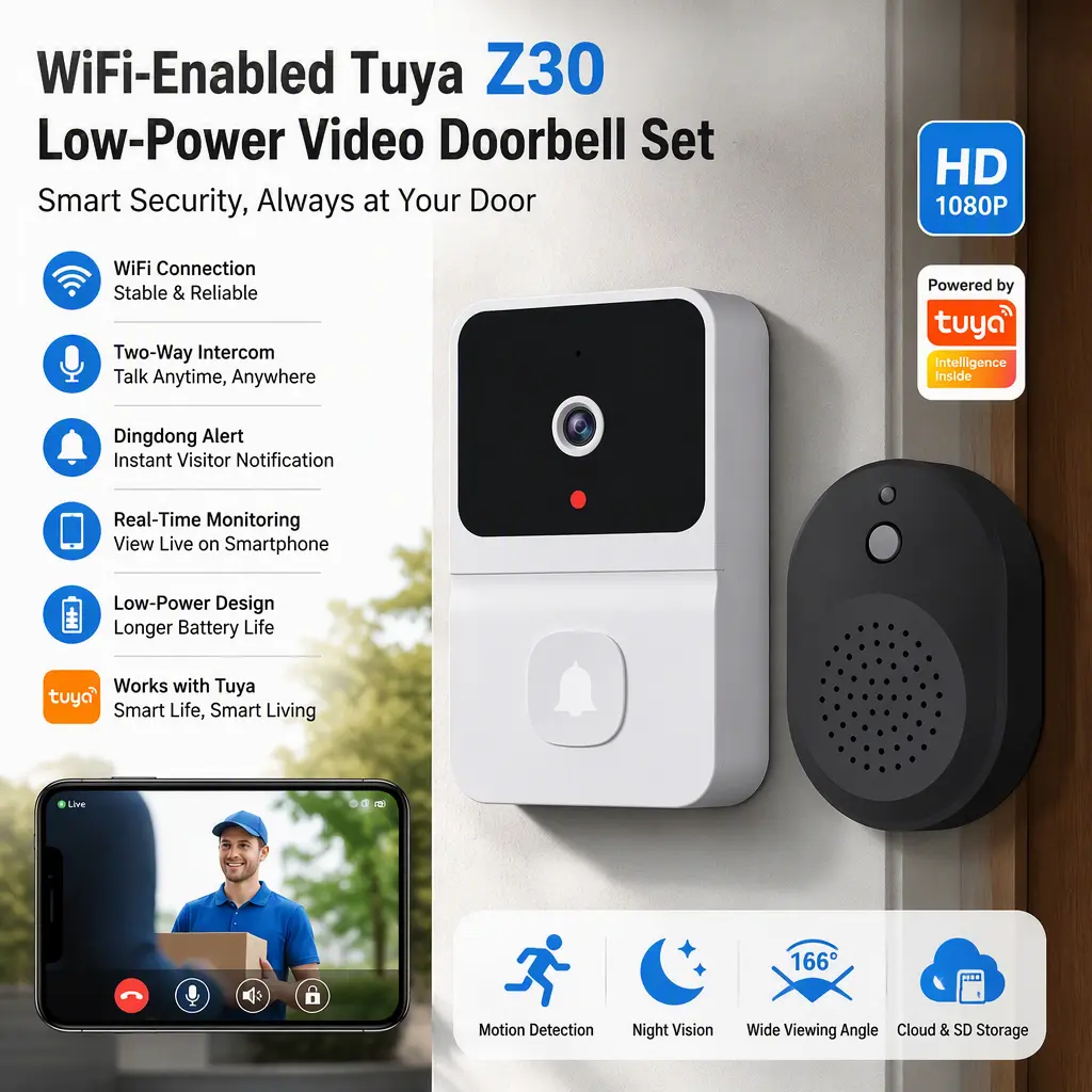WiFi Tuya Z30 Smart Video Doorbell, Low‑Power Intercom Doorbell Set, Supports Mobile Phone Real‑Time Monitoring & Dingdong Alert