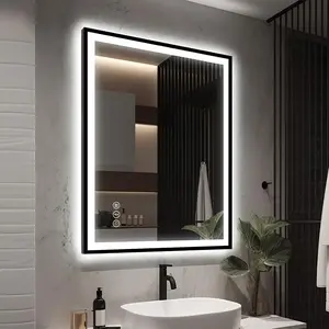 28"x36" Bathroom Mirror with Lights With Black Framed, Front and Backlit Mirror, Anti-Fog Vanity Mirror with Lights, Stepless Dimmable LED Mirror, Smart(Horizontal/Vertical)