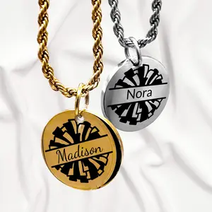 Cheer Personalized Cheer Pendant Necklace 16mm Round Engraved Pompom Design 18K PVD Gold Plated Stainless Steel Chain 18" or 20" Lengths Waterproof Hypoallergenic Tarnish-Resistant Gift Boxed