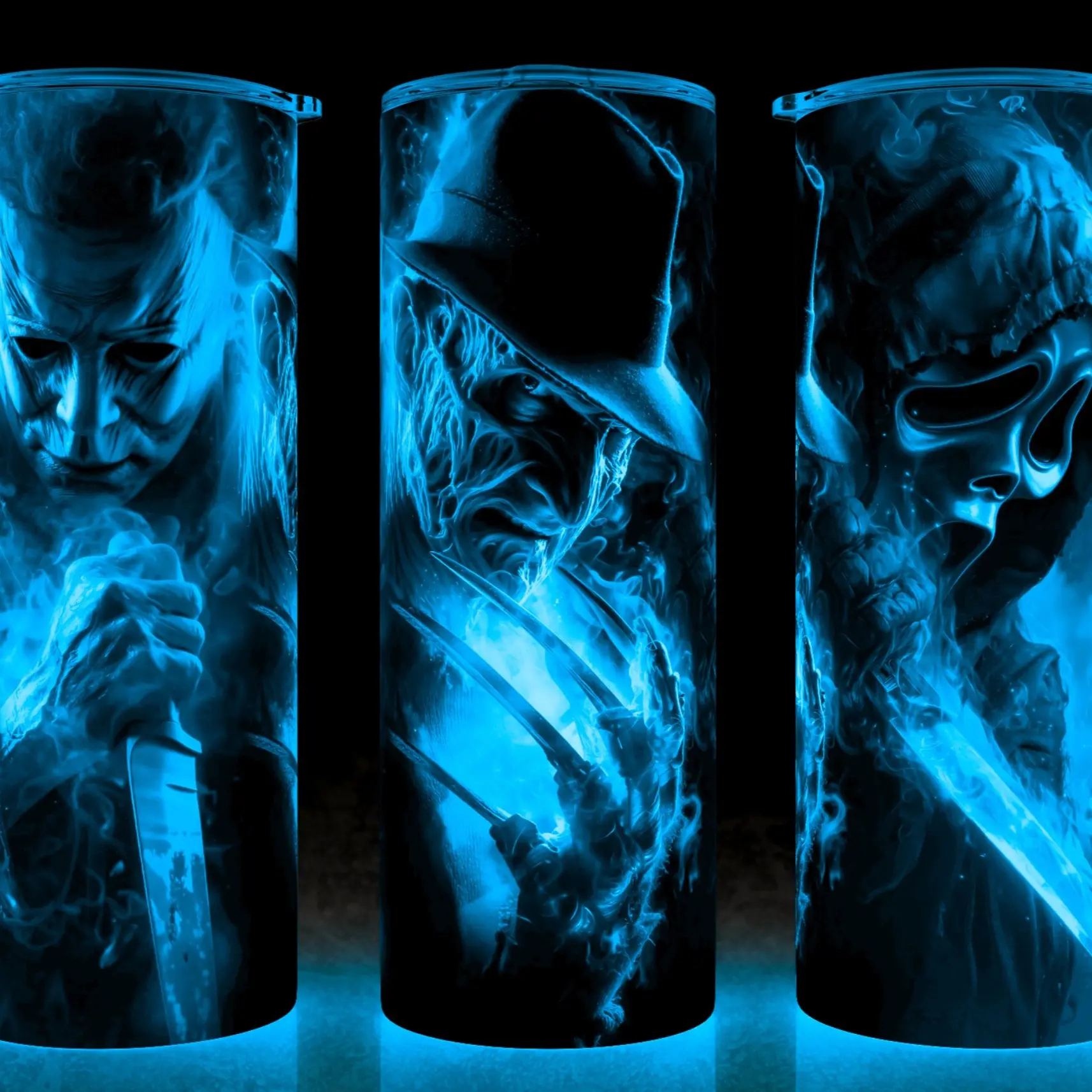 Glow in the Dark Michael Myers - Freddy Krueger - Ghostface Horror Trio Cup Mug Tumbler Cup 20oz Stainless Steel, Insulated, Durable, Reusable,  Perfect for Scary Movie Fans.
