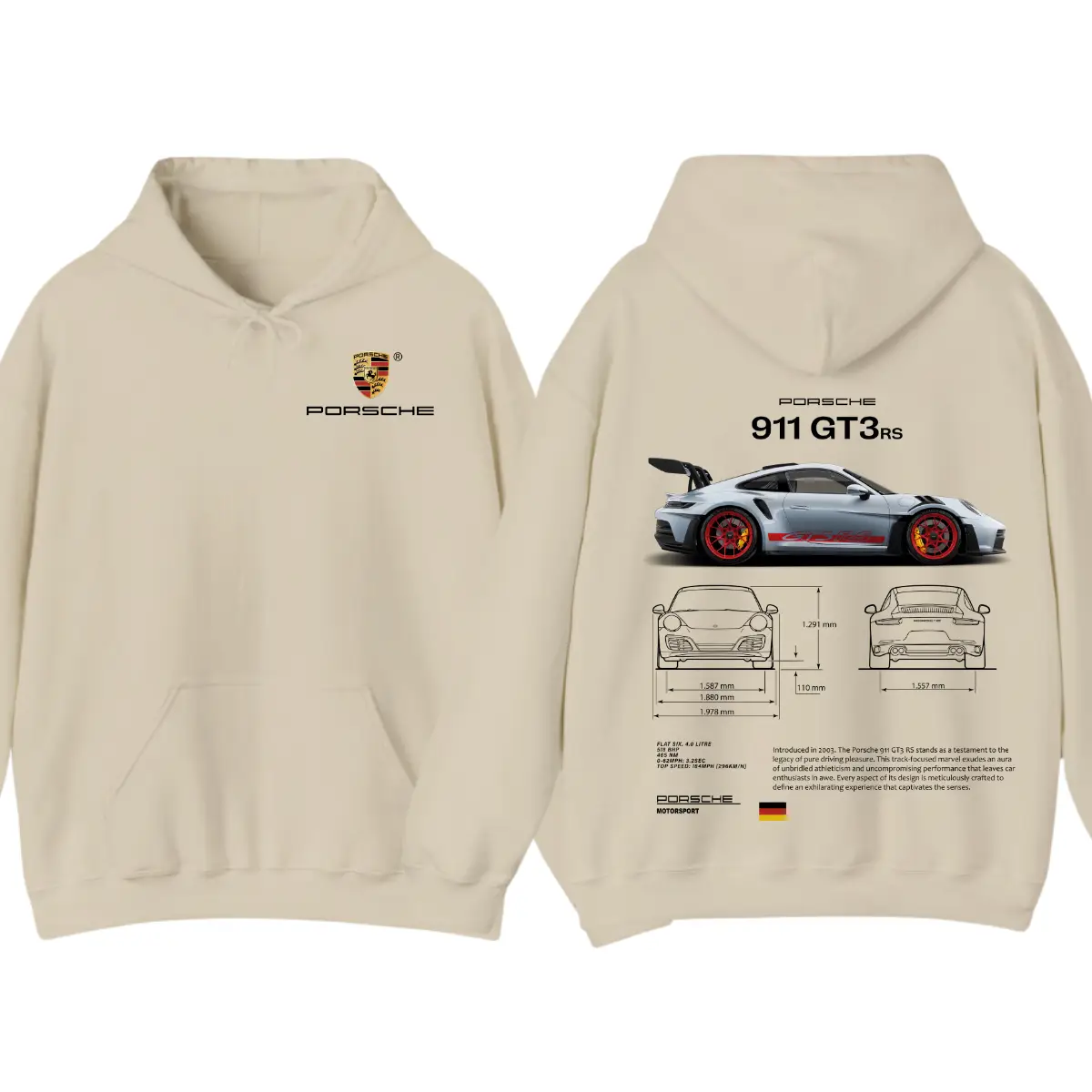 Porsche 911 GT3 RS Aesthetic Long Sleeve Hoodie T-Shirt – 2-Sided Car Graphic Hoodies, Menswear Streetwear Casual Top