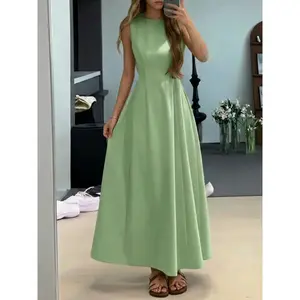 Women's Elegant Solid Color Dress, Square Neck Waist Cinched Sleeveless Long Dress, Perfect for Daily Commuting, WomenswearRAIMENTRY