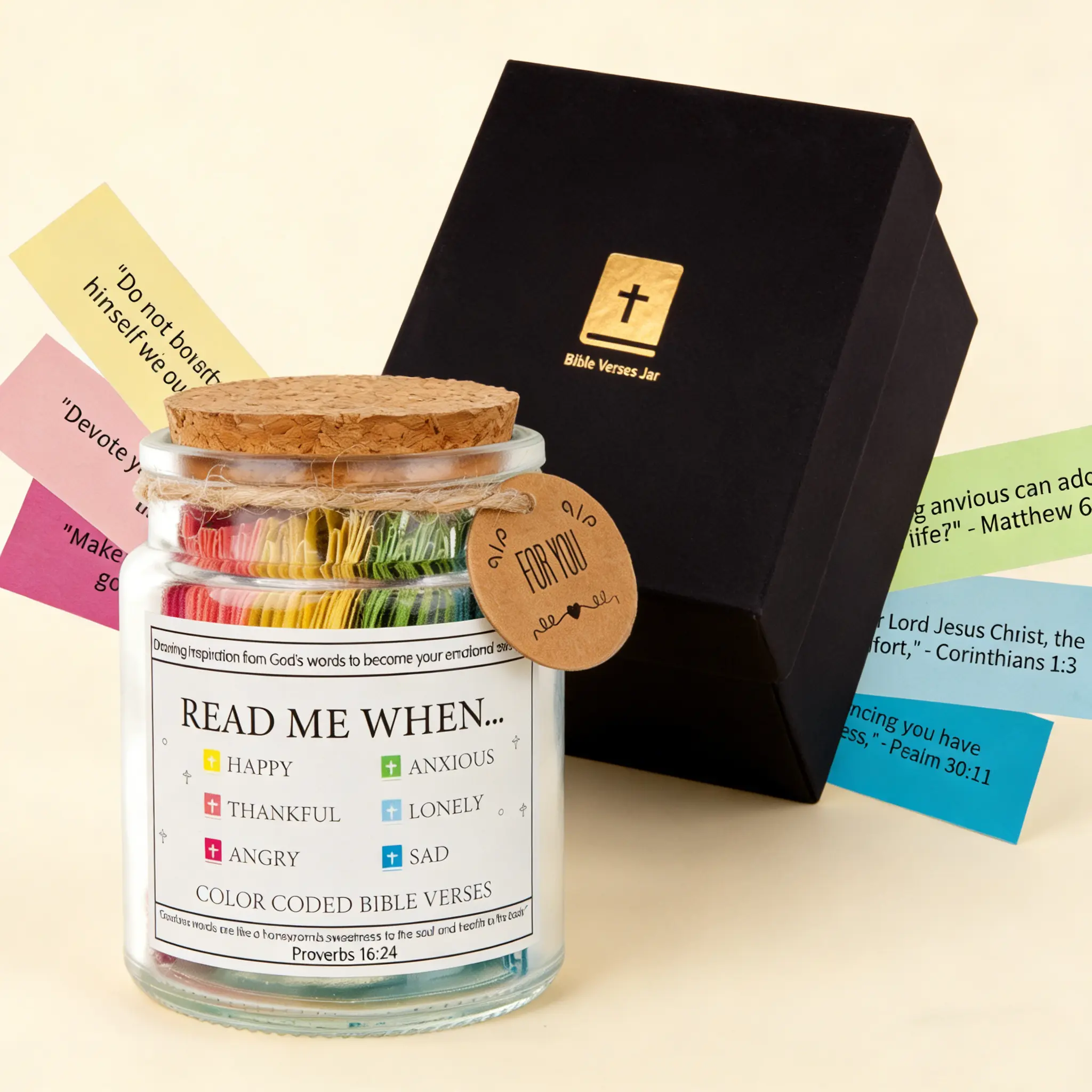 Thick Glass READ ME WHEN Bible Verses Jar - 90 Double-Sided Waterproof Coating Scripture Cards, Color-Coded By Emotion, Christmas Easter Religious Devotional Gift With Black Gift Box For Prayer, Self-Care