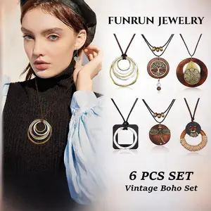 6PCS Boho Layered Long Necklace Set for Women | Vintage Wood & Tree of Life Pendants | Summer-Inspired Dragonfly & Mandala Jewelry for Beach Vacations & Daily Styling