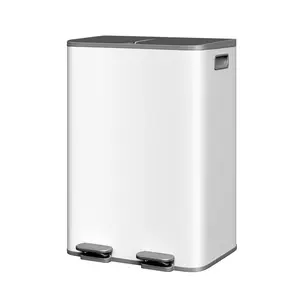 Dual Compartment Trash Can with Lid for Kitchen, Stainless Steel Step-On Garbage Can with 2 Removable Inner Buckets, Soft Close Recycling Bin, Fingerprint-Resistant Rectangular Waste Bin for Home Office